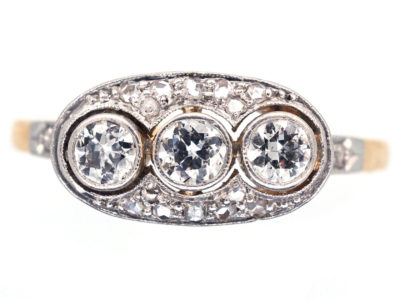 Art Deco Three Stone Diamond Ring with Rose Diamond Detail