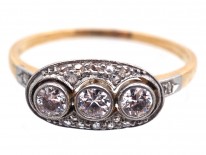 Art Deco Three Stone Diamond Ring with Rose Diamond Detail