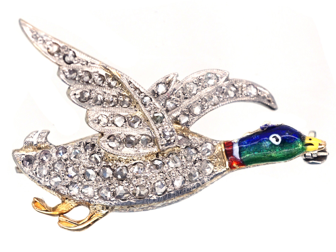 Edwardian 18ct White Gold, Diamond & Enamel Flying Duck Brooch (938G ...