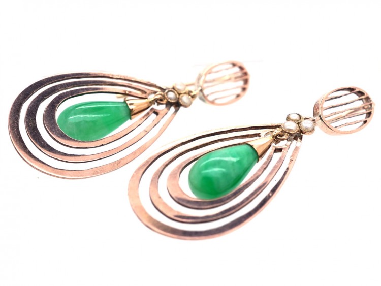Art Deco Gold & Jade Drop Earrings