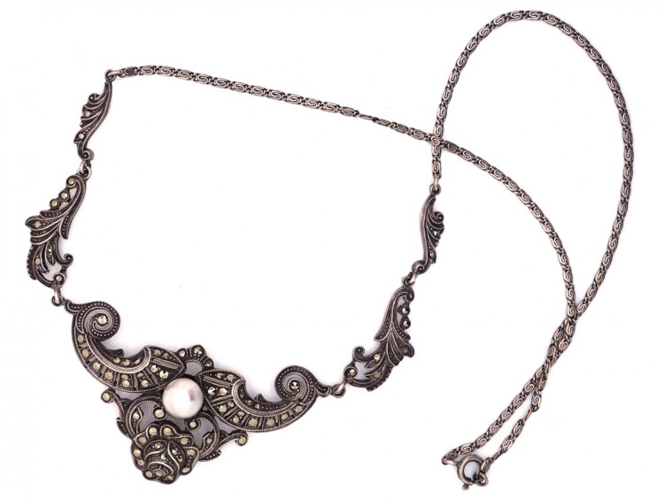 Art Deco Silver & Marcasite Foliate Necklace