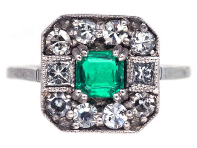 18ct White Gold, Emerald & Diamond Square Ring