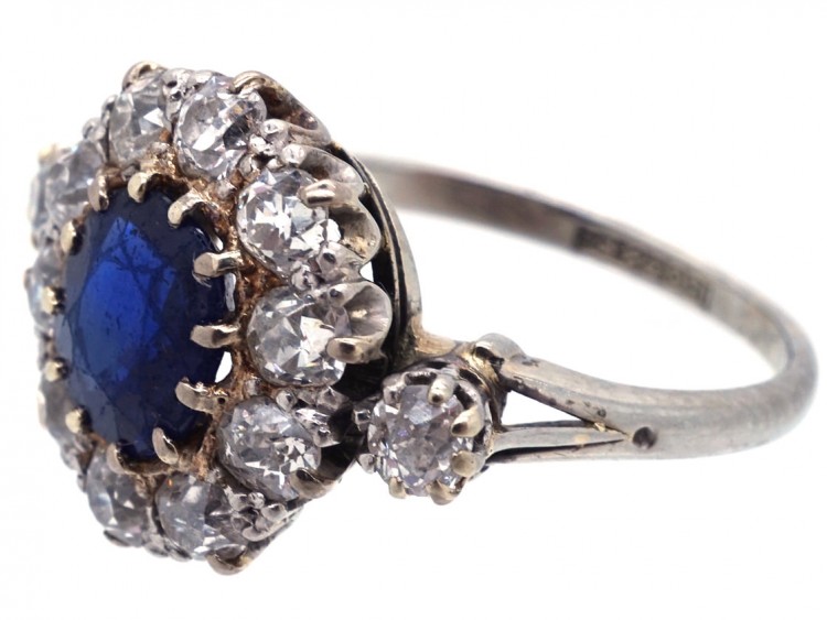 Edwardian Sapphire & Diamond Cluster Ring with Diamond Shoulders