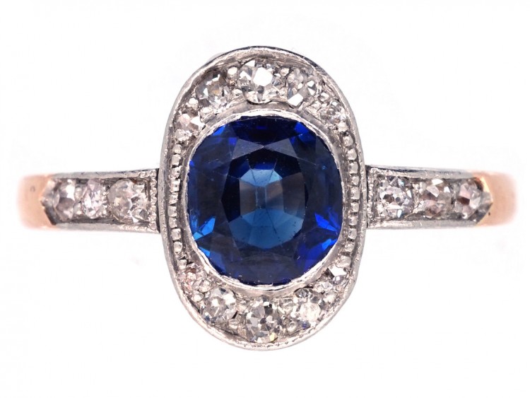 Art Deco Oval Sapphire & Diamond Ring with Diamond Shoulders