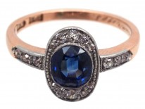 Art Deco Oval Sapphire & Diamond Ring with Diamond Shoulders