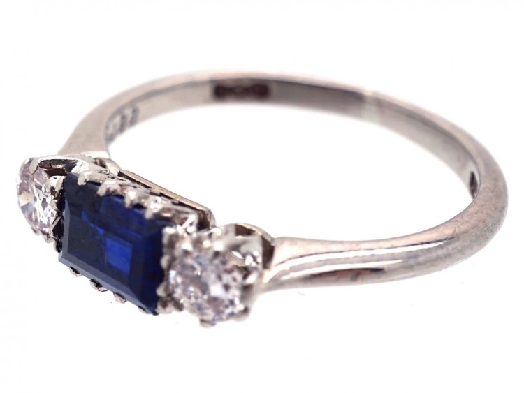 Art Deco Three Stone Sapphire & Diamond Ring