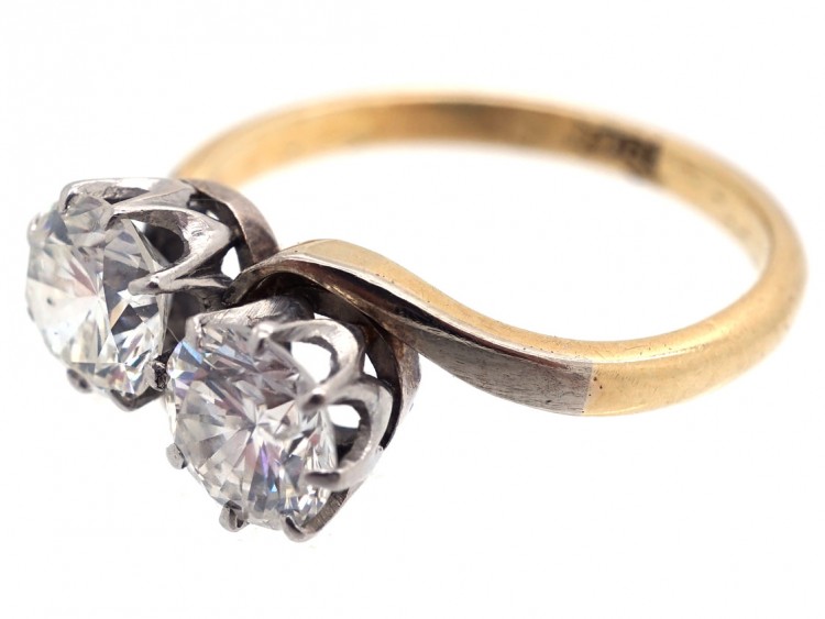Edwardian 18ct White Gold, Two Stone Diamond Crossover Ring