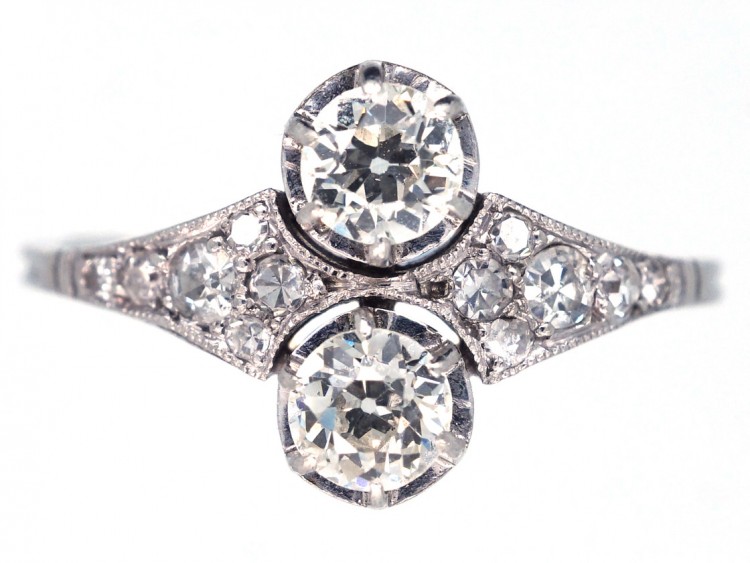 Art Deco Two Stone Diamond Ring with Tapered Diamond Shoulders
