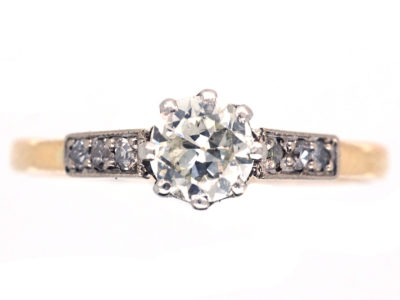 Art Deco 18ct Gold & Platinum, Diamond Solitaire Ring with Diamond Set Shoulders