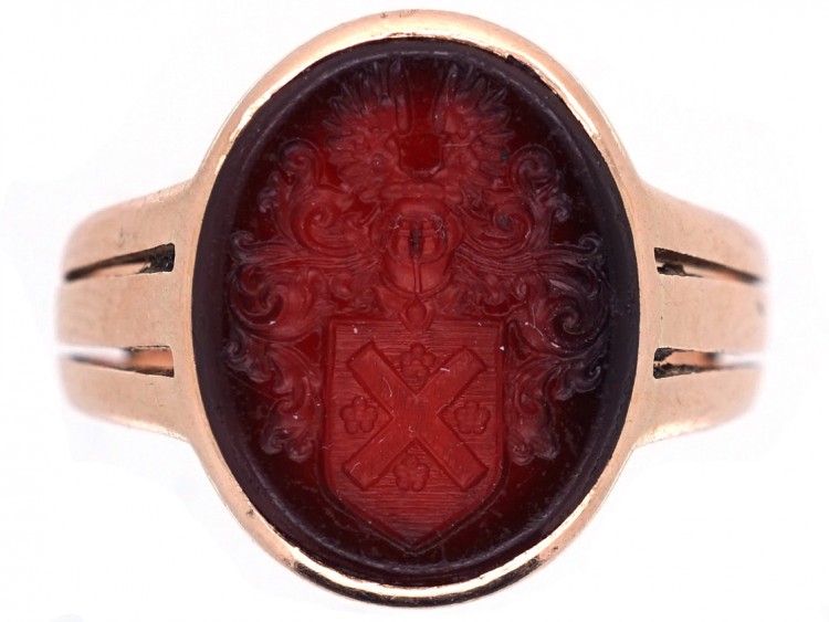 Victorian Gold & Carnelian Signet Ring with Crest Intaglio