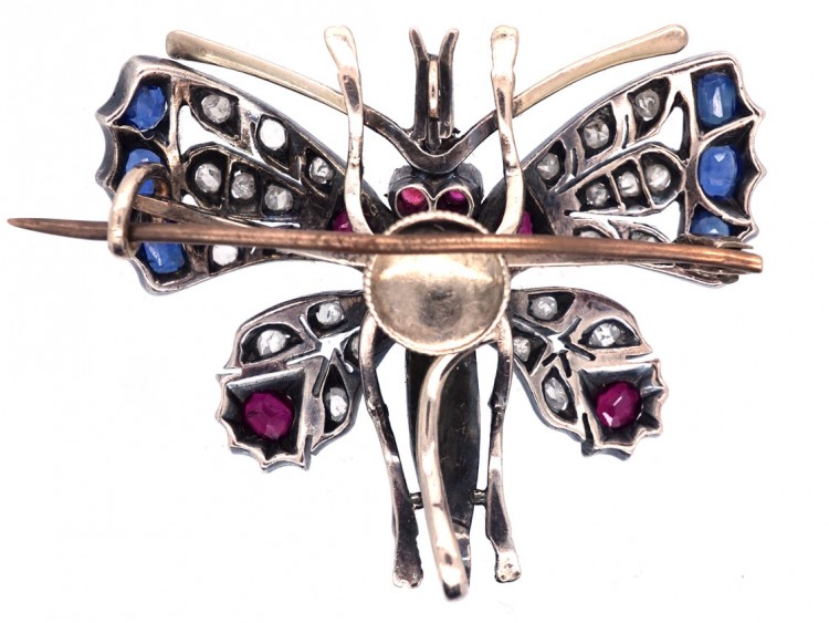 Edwardian Butterfly Brooch set with Sapphires, Rubies, Diamonds & Natural Split Pearls