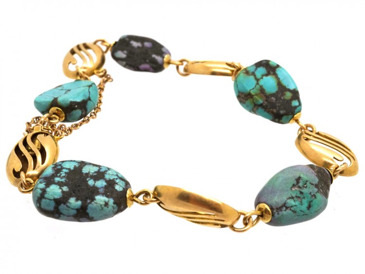 Art Nouveau 15ct Gold & Turquoise Matrix Bracelet