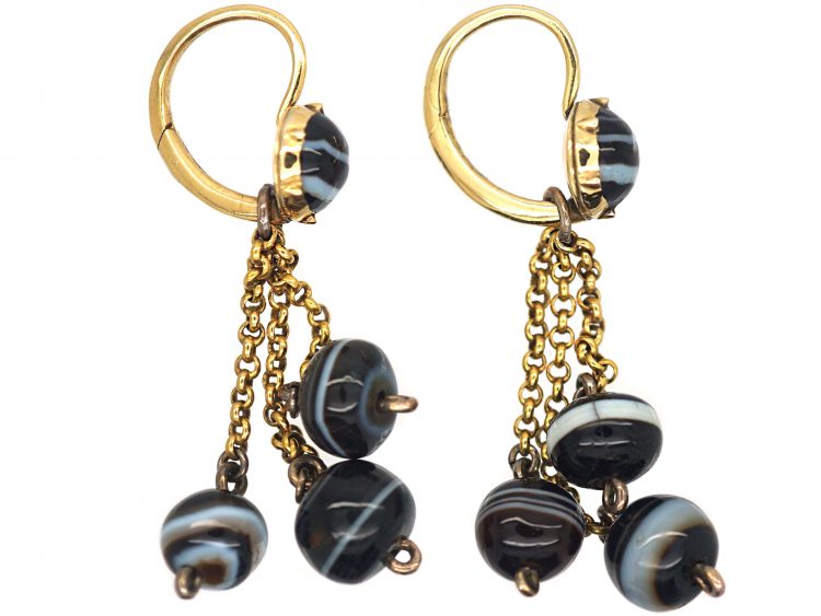 Georgian 18ct Gold & Banded Onyx Drop Earrings