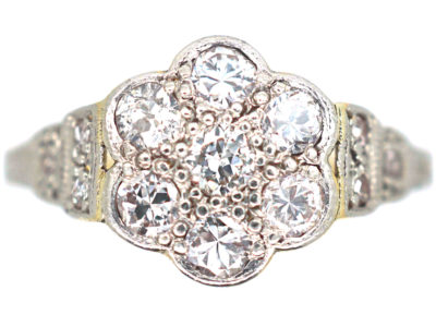 Edwardian 18ct Gold & Platinum, Diamond Cluster Ring with Diamond Set Shoulders