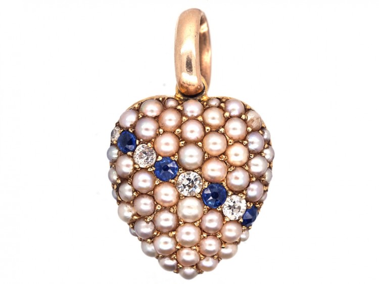 Edwardian Sapphire, Diamond & Split Pearl Heart Shaped Pendant with Locket Back