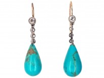 Edwardian Diamond & Pear Shaped Turquoise Drop Earrings