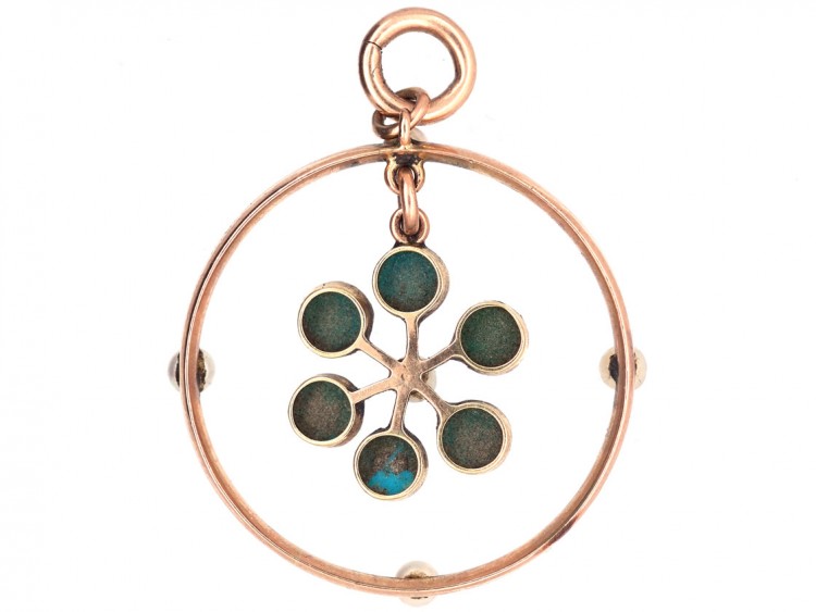 Edwardian 15ct Gold Round Turquoise, Enamel & Pearl Pendant