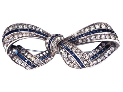 Art Deco Silver & Blue & White Paste Bow Brooch