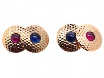 Edwardian 18ct Hammered Gold Round Cufflinks Set With Cabochon Sapphires & Rubies