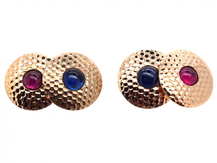 Edwardian 18ct Hammered Gold Round Cufflinks Set With Cabochon Sapphires & Rubies