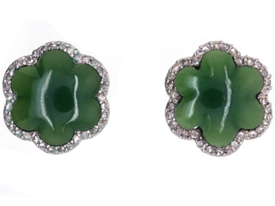 Edwardian Nephrite & Diamond Scalloped Edge Earrings