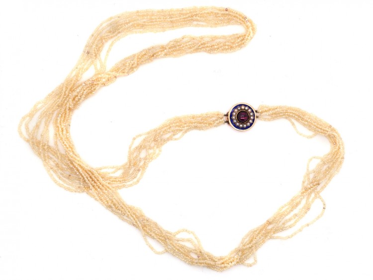 Georgian Seven Strand Seed Pearl Necklace with Gold & Cabochon Garnet Clasp