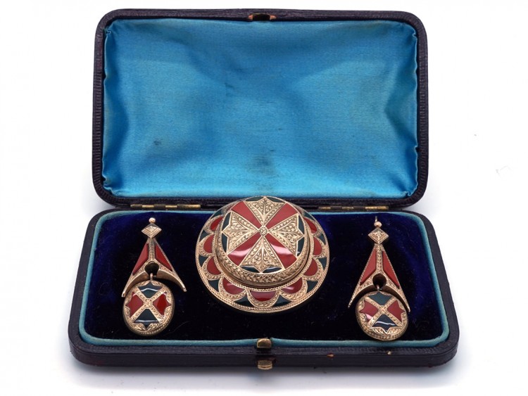 Victorian Scottish 15ct Gold, Jasper & Bloodstone Brooch & Earrings Set in Original Case