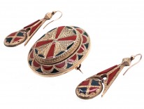 Victorian Scottish 15ct Gold, Jasper & Bloodstone Brooch & Earrings Set in Original Case