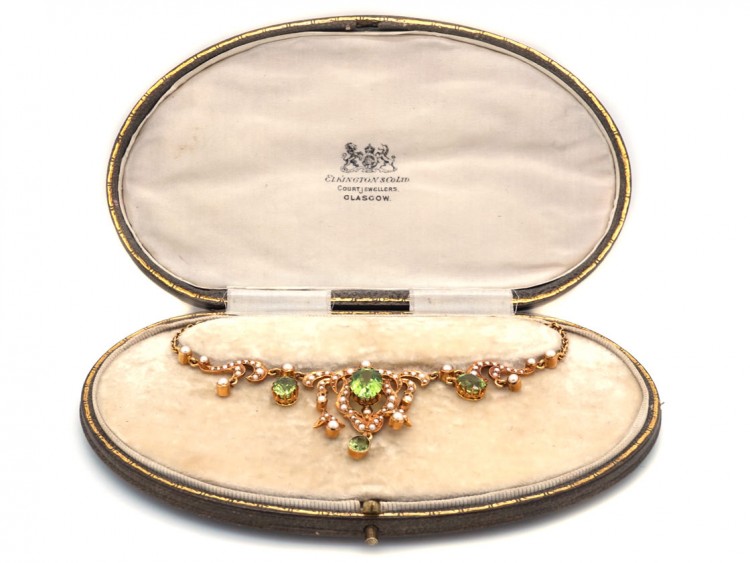 Edwardian 15ct Gold, Natural Split Perals & Peridot Necklace in Original Case