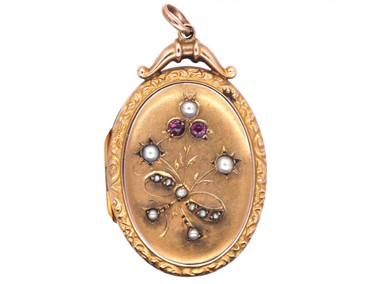 Edwardian 9ct Back & Front Oval Locket With Bow & Flowers Design