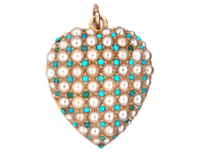 15ct Gold Natural Split Pearl ​& Turquoise Heart Pendant with Locket Back