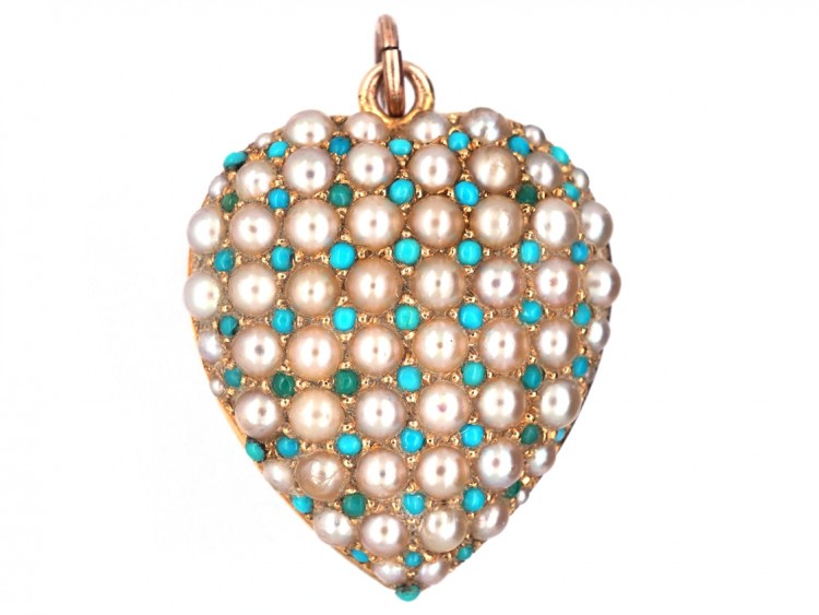 15ct Gold Natural Split Pearl ​& Turquoise Heart Pendant with Locket Back