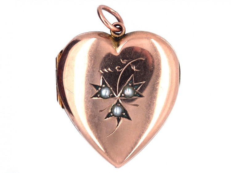 Rose Gold Edwardian Heart Shaped Locket with three Natural Split Pearls