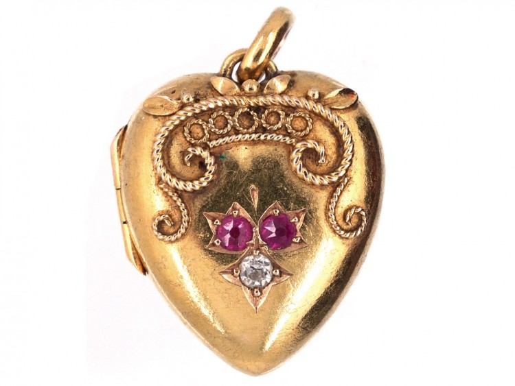 Edwardian 15ct Gold Heart Locket Set with Rubies & Rose Diamond