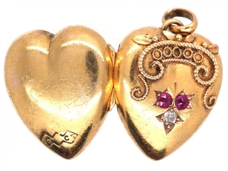 Edwardian 15ct Gold Heart Locket Set with Rubies & Rose Diamond
