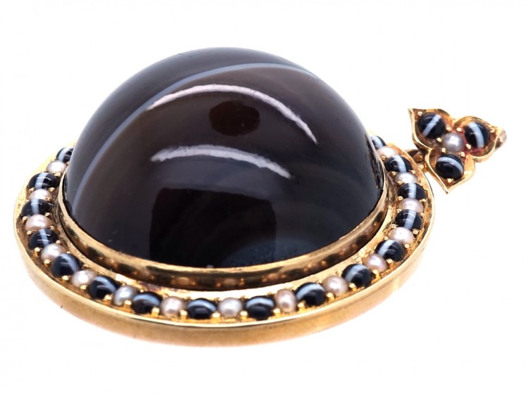 Victorian 18ct Gold, Large Domed Banded Onyx & Natural Split Pearl Pendant