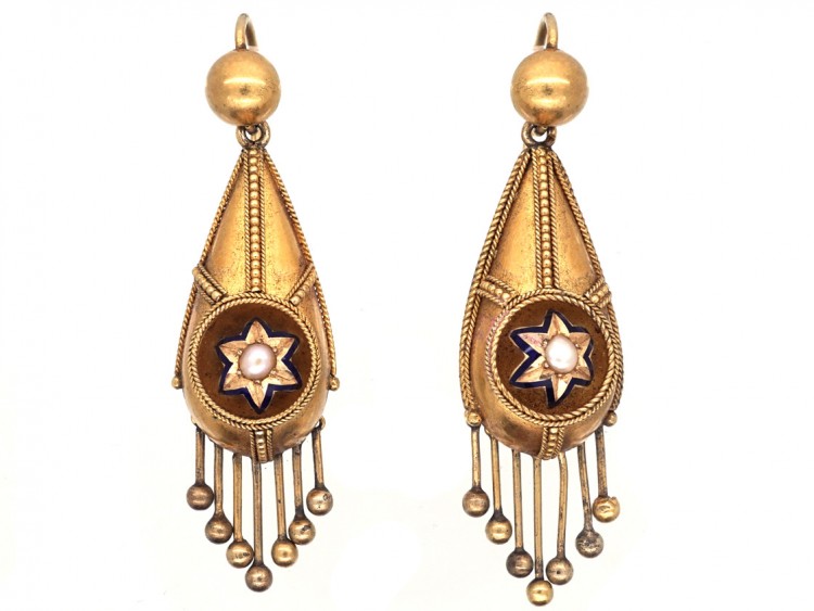 Victorian Etruscan Revival 15ct Gold Drop Star & Tassle Earrings
