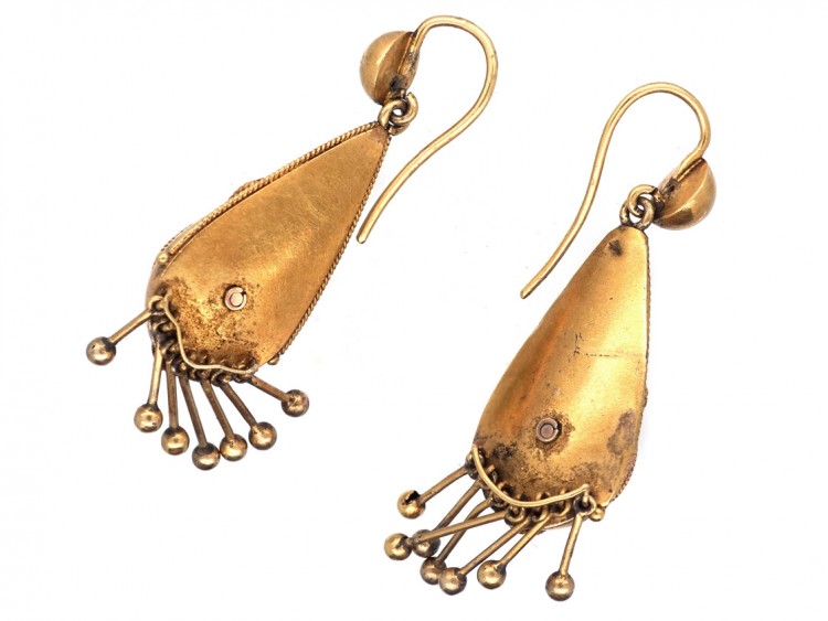 Victorian Etruscan Revival 15ct Gold Drop Star & Tassle Earrings