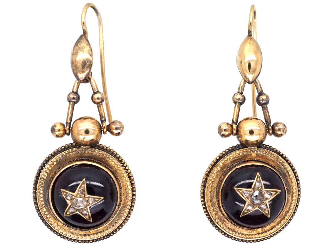 Victorian 15ct Gold Drop Earrings with Cabochon Garnet & Diamond Detail ...