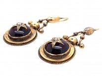 Victorian 15ct Gold Drop Earrings with Cabochon Garnet & Diamond Detail