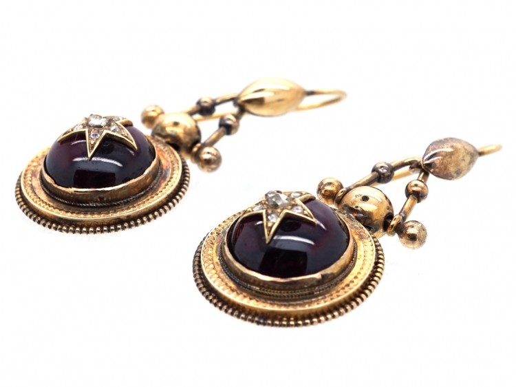 Victorian 15ct Gold Drop Earrings with Cabochon Garnet & Diamond Detail