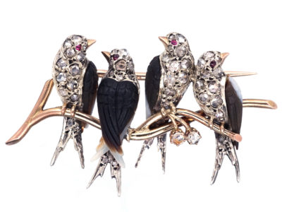 Edwardian Rose Diamond & Onyx Swallows Novelty Brooch