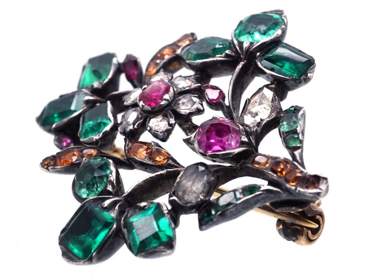 Georgian Emerald, Ruby, Diamond & Topaz Giardinetti Brooch
