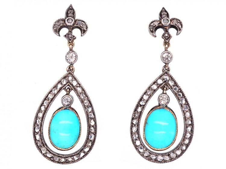 Edwardian Turquoise & Rose Diamond Drop Earrings