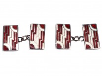 Art Deco Silver, Red & White Enamel Rectangular Cufflinks