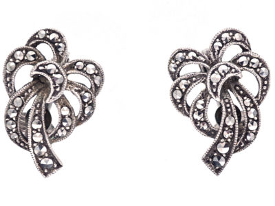 Silver & Marcasite Clip On Bow Earrings