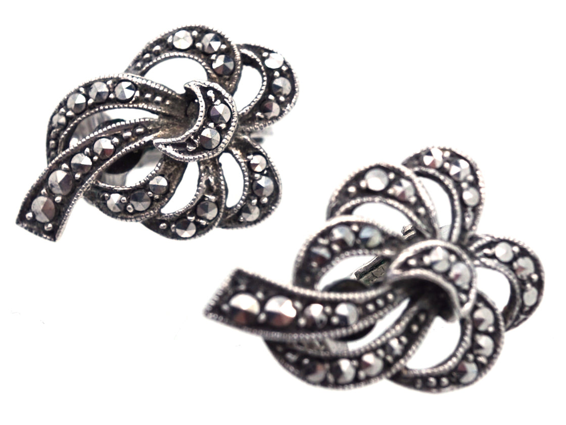 Silver & Marcasite Clip On Bow Earrings (61H) The Antique Jewellery