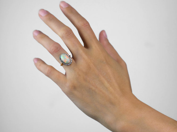 Large Opal & Diamond 18ct Gold Oval Ring