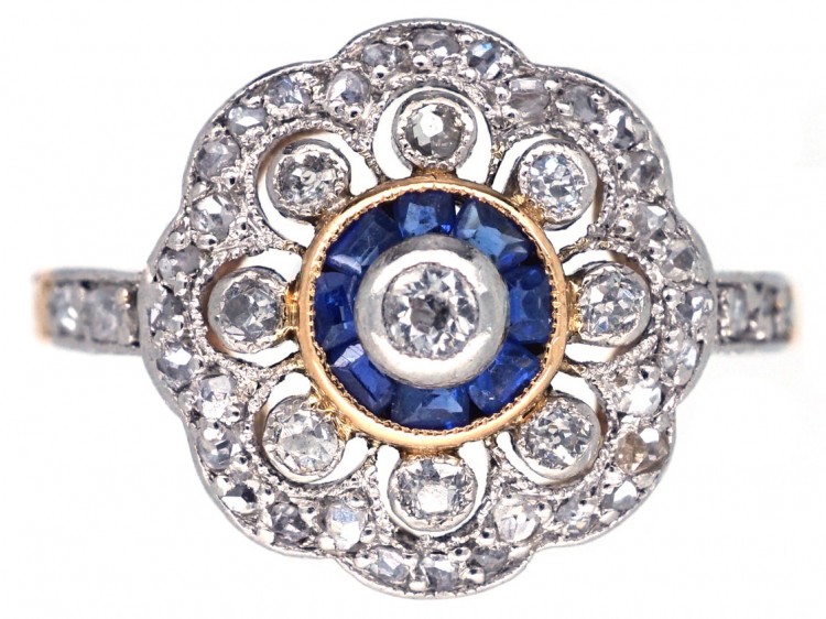 Edwardian 18ct Gold, Platinum, Diamond & Sapphire Cluster Ring