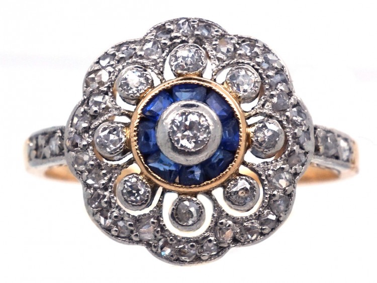 Edwardian 18ct Gold, Platinum, Diamond & Sapphire Cluster Ring